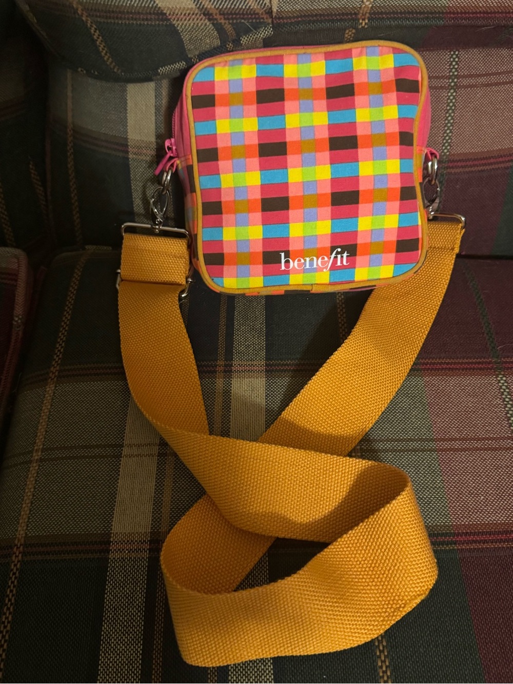 benefit Multicolor Checkered Crossbody Bag with Mustard Strap VGUC 😊😊